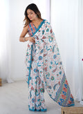 Vegaa Fashion Off White Sky Blue Chinon Silk Print Work With Mirror Work Border Designer Saree - Distacart