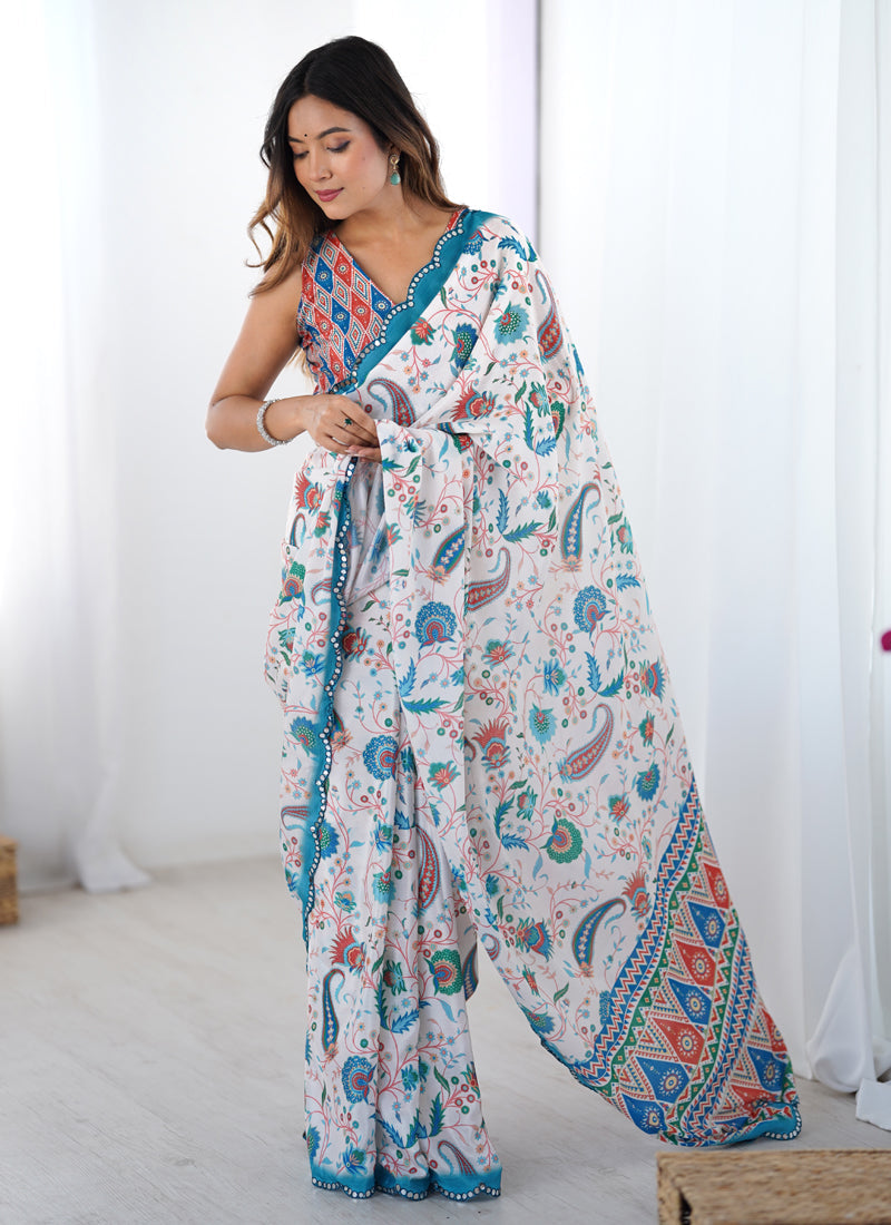 Vegaa Fashion Off White Sky Blue Chinon Silk Print Work With Mirror Work Border Designer Saree - Distacart