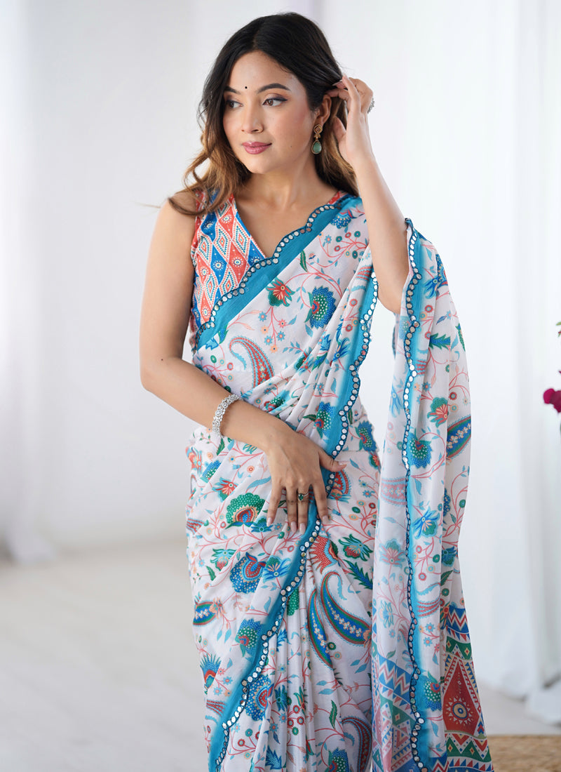 Vegaa Fashion Off White Sky Blue Chinon Silk Print Work With Mirror Work Border Designer Saree - Distacart