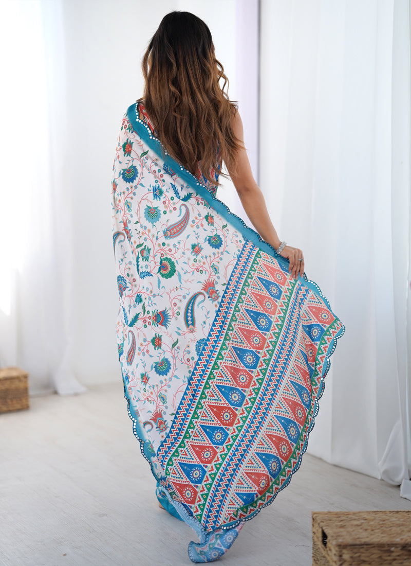 Vegaa Fashion Off White Sky Blue Chinon Silk Print Work With Mirror Work Border Designer Saree - Distacart
