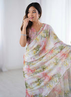Vegaa Fashion Off White Sky Blue Chinon Silk Print Work With Mirror Work Border Designer Saree - Distacart