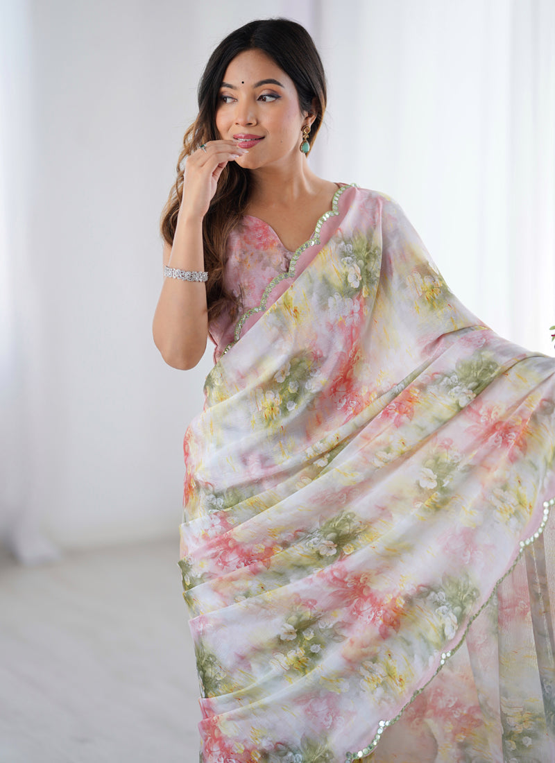Vegaa Fashion Off White Sky Blue Chinon Silk Print Work With Mirror Work Border Designer Saree - Distacart