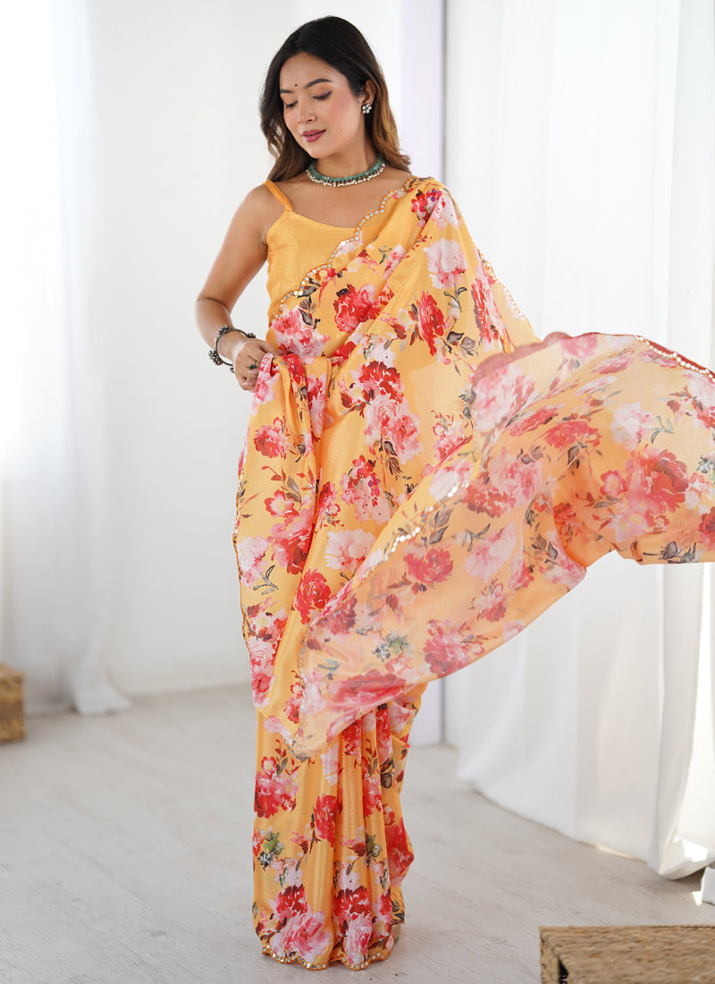 Vegaa Fashion Yellow Silk Print Work With Mirror Work Border Designer Saree - Distacart