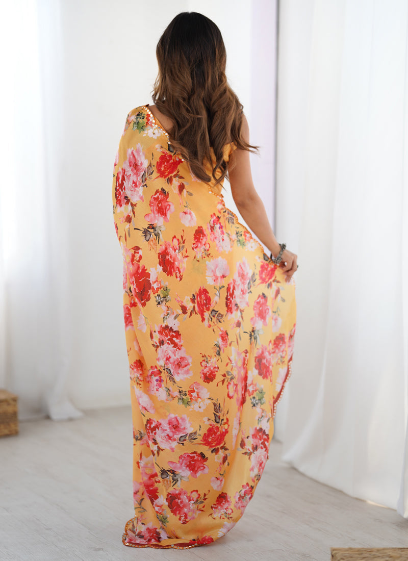 Vegaa Fashion Yellow Silk Print Work With Mirror Work Border Designer Saree - Distacart