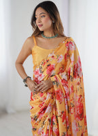 Vegaa Fashion Yellow Silk Print Work With Mirror Work Border Designer Saree - Distacart
