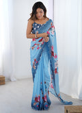 Vegaa Fashion Sky Blue Chinon Silk Print Work With Mirror Work Border Designer Saree - Distacart