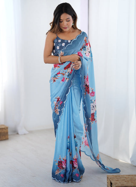 Vegaa Fashion Sky Blue Chinon Silk Print Work With Mirror Work Border Designer Saree