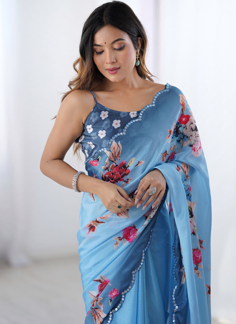 Vegaa Fashion Sky Blue Chinon Silk Print Work With Mirror Work Border Designer Saree - Distacart