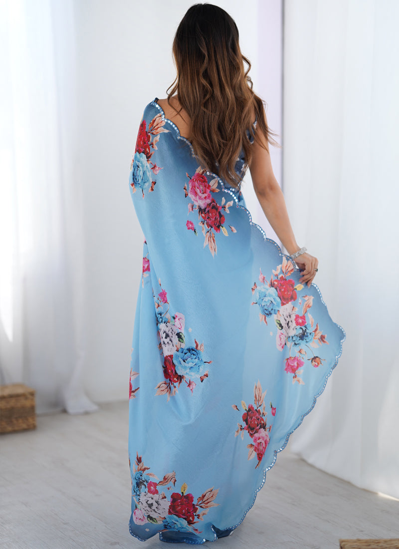 Vegaa Fashion Sky Blue Chinon Silk Print Work With Mirror Work Border Designer Saree - Distacart