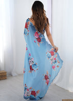 Vegaa Fashion Sky Blue Chinon Silk Print Work With Mirror Work Border Designer Saree - Distacart