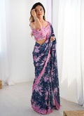 Vegaa Fashion Blue Chinon Silk Print Work With Mirror Work Border Designer Saree - Distacart
