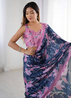 Vegaa Fashion Blue Chinon Silk Print Work With Mirror Work Border Designer Saree - Distacart