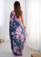 Vegaa Fashion Blue Chinon Silk Print Work With Mirror Work Border Designer Saree - Distacart