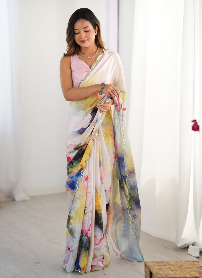 Vegaa Fashion Off White Sky Blue Chinon Silk Print Work With Mirror Work Border Designer Saree - Distacart