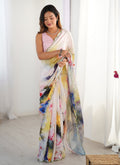 Vegaa Fashion Off White Sky Blue Chinon Silk Print Work With Mirror Work Border Designer Saree - Distacart