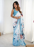Vegaa Fashion Sky Blue Chinon Silk Print Work With Mirror Work Border Designer Saree - Distacart