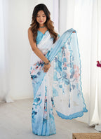 Vegaa Fashion Sky Blue Chinon Silk Print Work With Mirror Work Border Designer Saree - Distacart