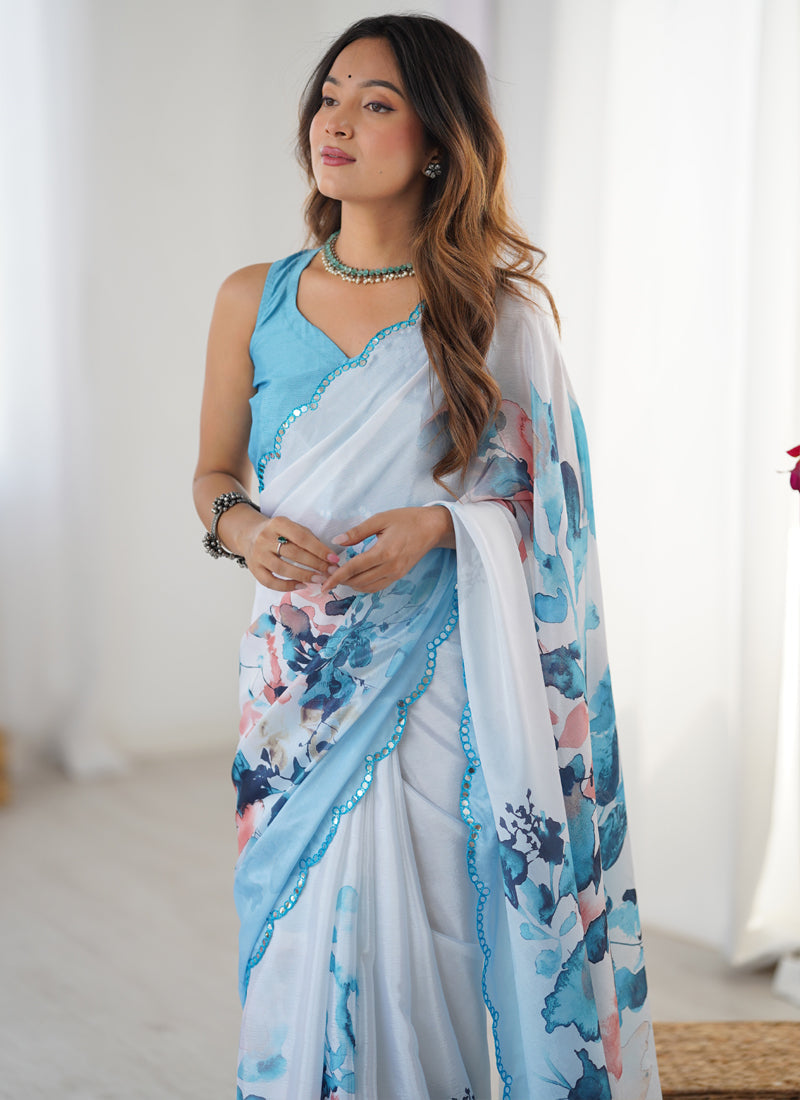 Vegaa Fashion Sky Blue Chinon Silk Print Work With Mirror Work Border Designer Saree - Distacart
