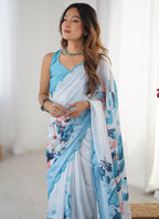 Vegaa Fashion Sky Blue Chinon Silk Print Work With Mirror Work Border Designer Saree - Distacart