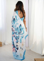 Vegaa Fashion Sky Blue Chinon Silk Print Work With Mirror Work Border Designer Saree - Distacart