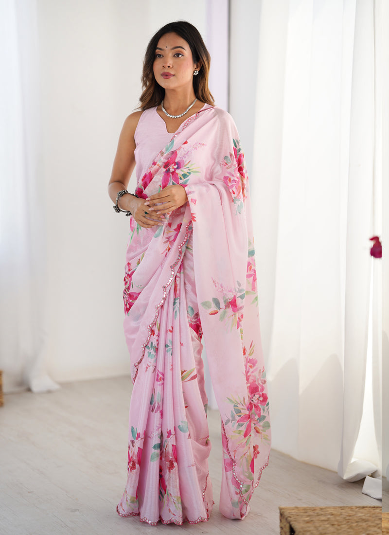 Vegaa Fashion Baby Pink Chinon Silk Print Work With Mirror Work Border Designer Saree - Distacart