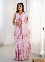 Vegaa Fashion Baby Pink Chinon Silk Print Work With Mirror Work Border Designer Saree - Distacart