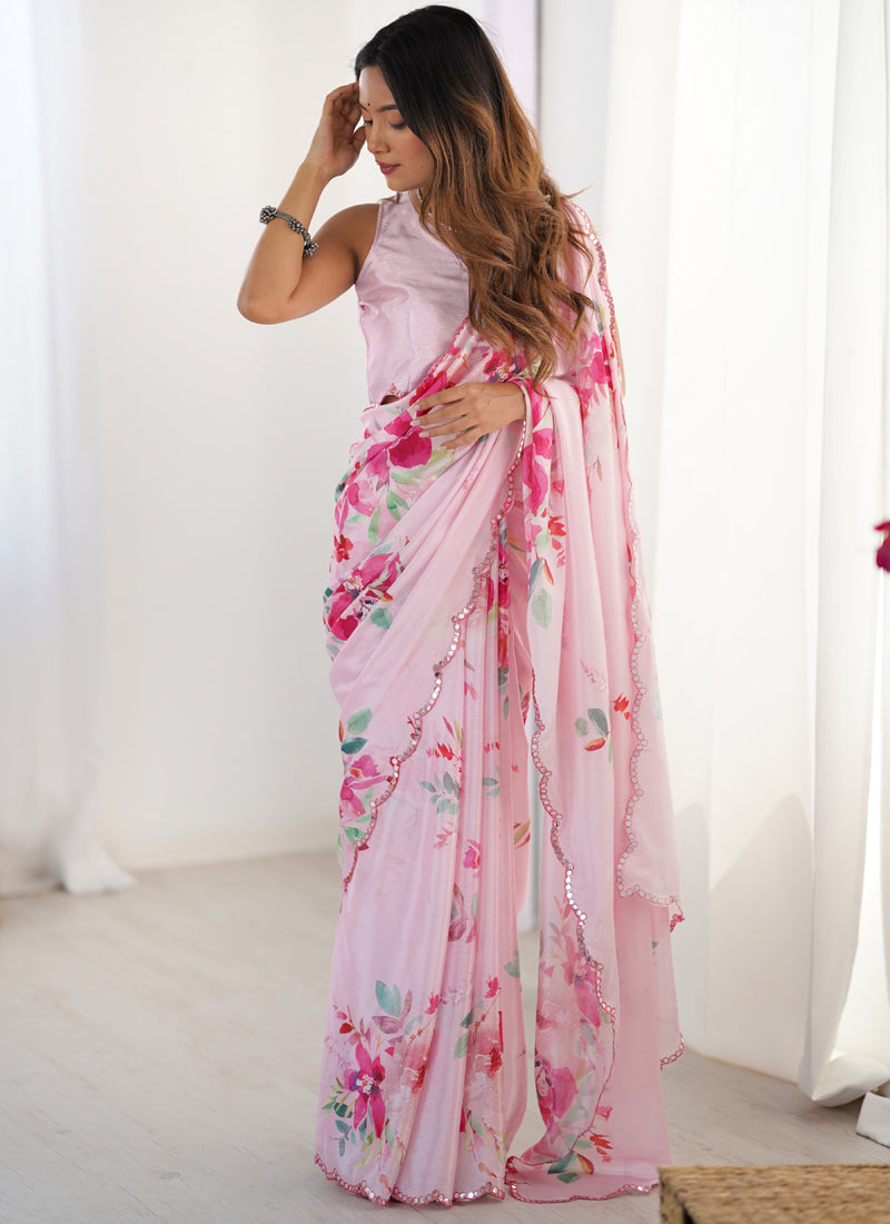 Vegaa Fashion Baby Pink Chinon Silk Print Work With Mirror Work Border Designer Saree - Distacart