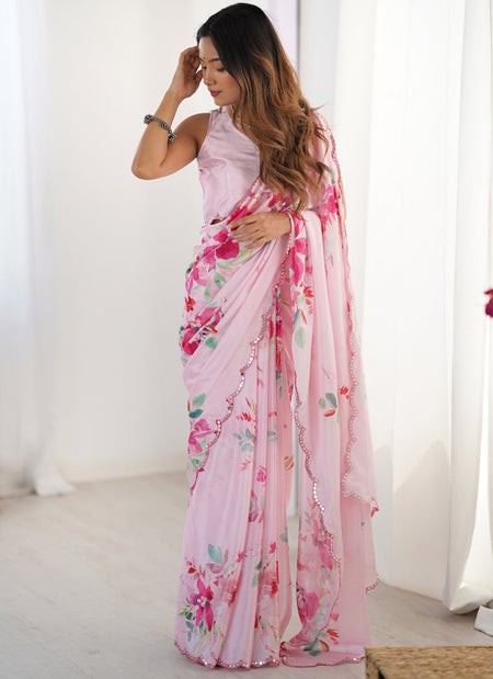 Vegaa Fashion Baby Pink Chinon Silk Print Work With Mirror Work Border Designer Saree