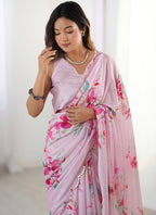 Vegaa Fashion Baby Pink Chinon Silk Print Work With Mirror Work Border Designer Saree - Distacart