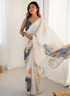 Vegaa Fashion Off White Sky Blue Chinon Silk Print Work With Mirror Work Border Designer Saree - Distacart