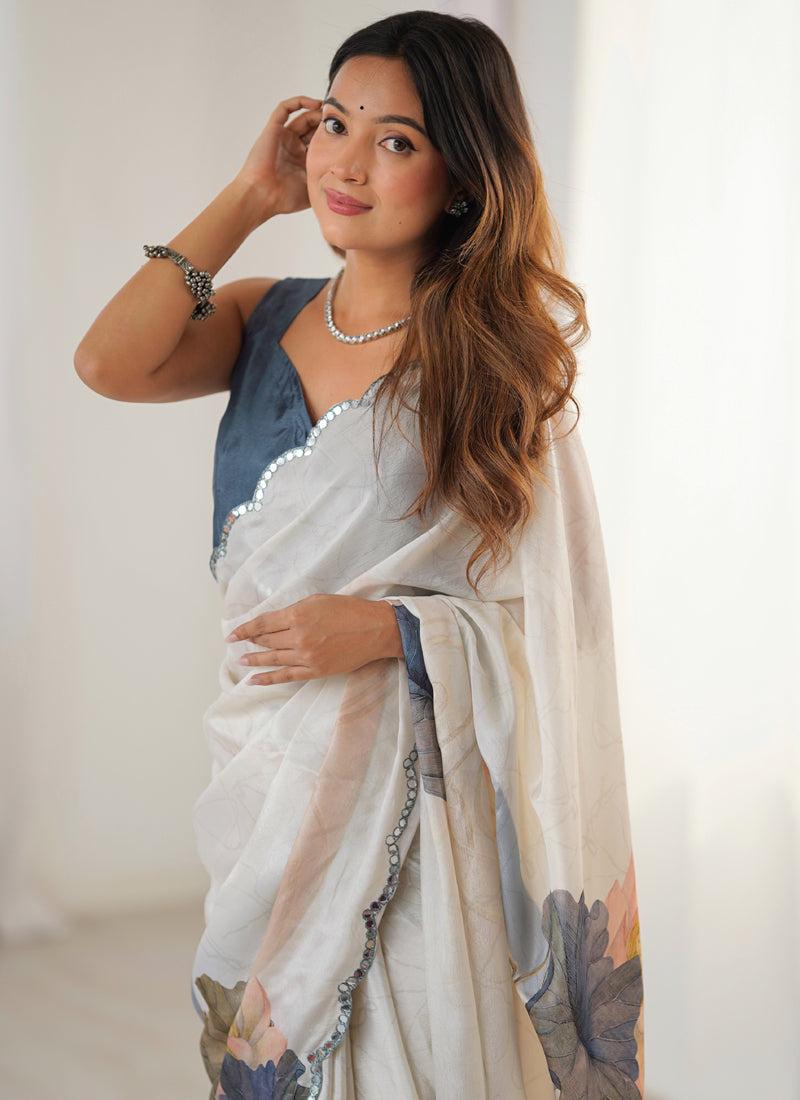 Vegaa Fashion Off White Sky Blue Chinon Silk Print Work With Mirror Work Border Designer Saree - Distacart