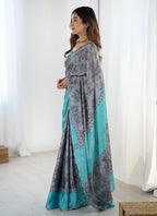 Vegaa Fashion Grey Chinon Silk Print Work With Mirror Work Border Designer Saree - Distacart