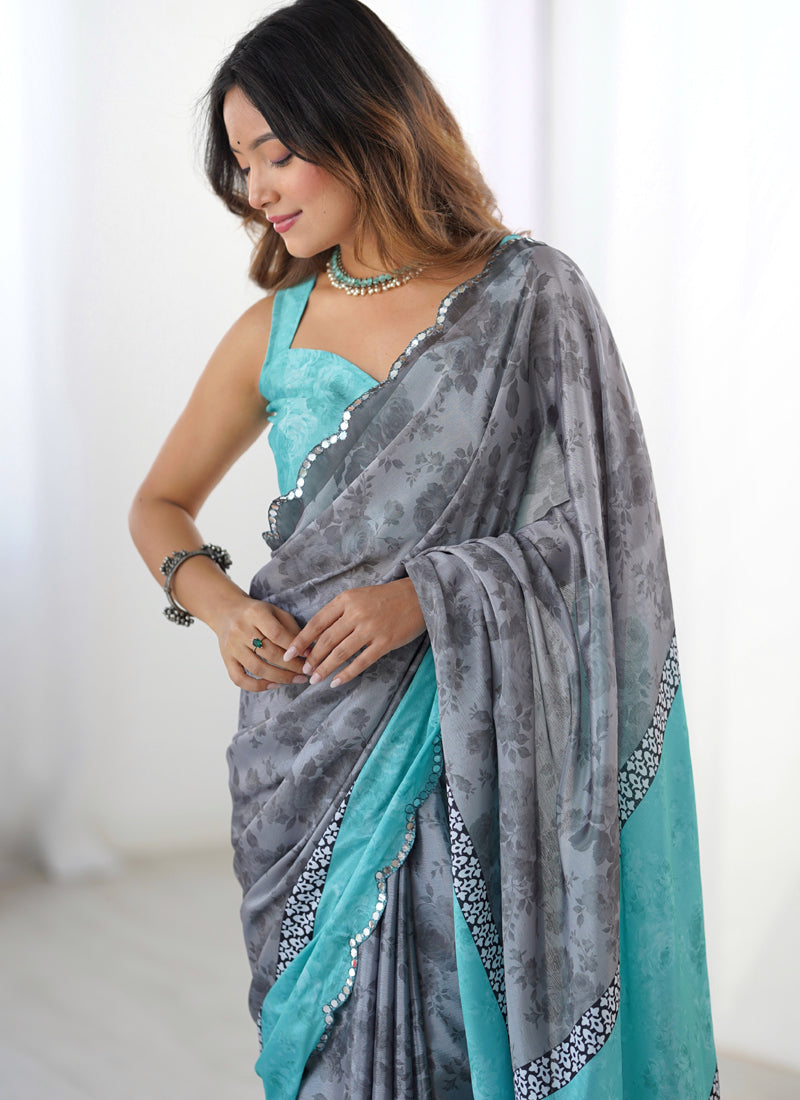 Vegaa Fashion Grey Chinon Silk Print Work With Mirror Work Border Designer Saree - Distacart
