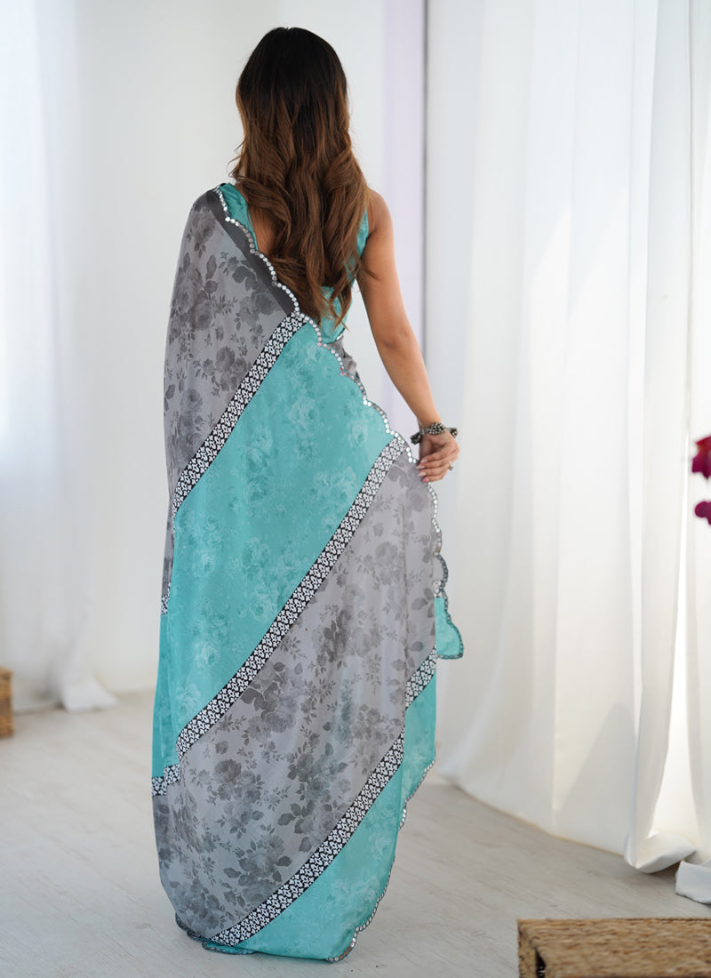 Vegaa Fashion Grey Chinon Silk Print Work With Mirror Work Border Designer Saree - Distacart