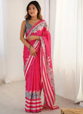 Vegaa Fashion Pink Chinon Silk Print Work With Mirror Work Border Designer Saree - Distacart