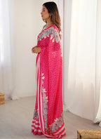 Vegaa Fashion Pink Chinon Silk Print Work With Mirror Work Border Designer Saree - Distacart