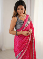 Vegaa Fashion Pink Chinon Silk Print Work With Mirror Work Border Designer Saree - Distacart