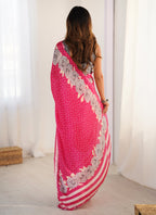 Vegaa Fashion Pink Chinon Silk Print Work With Mirror Work Border Designer Saree - Distacart