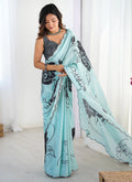 Vegaa Fashion Sky Blue Chinon Silk Print Work With Mirror Work Border Designer Saree - Distacart