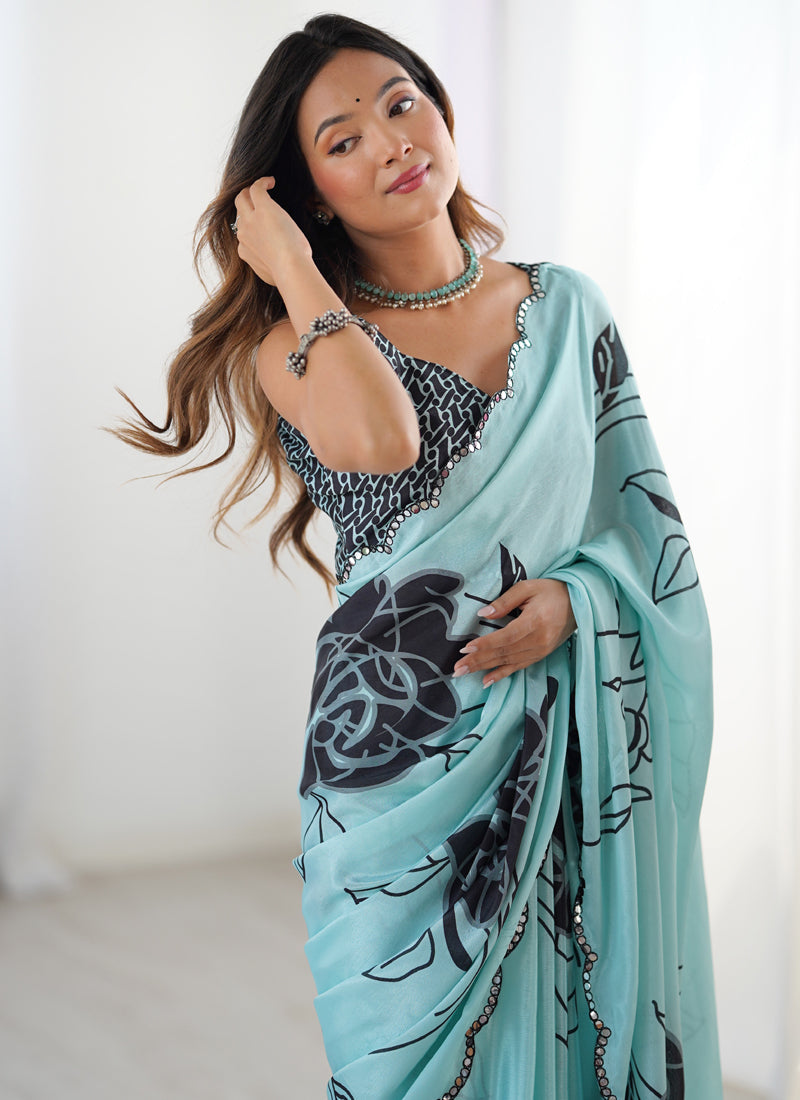 Vegaa Fashion Sky Blue Chinon Silk Print Work With Mirror Work Border Designer Saree - Distacart