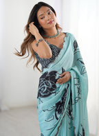 Vegaa Fashion Sky Blue Chinon Silk Print Work With Mirror Work Border Designer Saree - Distacart