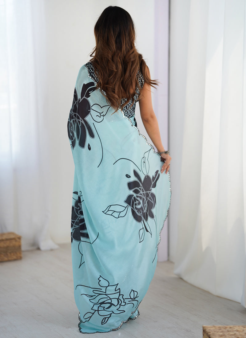Vegaa Fashion Sky Blue Chinon Silk Print Work With Mirror Work Border Designer Saree - Distacart
