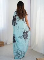 Vegaa Fashion Sky Blue Chinon Silk Print Work With Mirror Work Border Designer Saree - Distacart