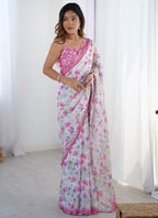 Vegaa Fashion Off White Chinon Silk Print Work With Mirror Work Border Designer Saree - Distacart