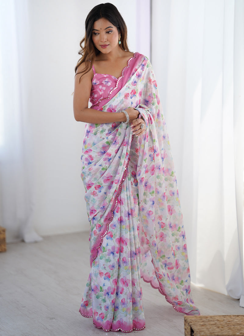 Vegaa Fashion Off White Chinon Silk Print Work With Mirror Work Border Designer Saree - Distacart
