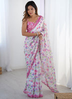 Vegaa Fashion Off White Chinon Silk Print Work With Mirror Work Border Designer Saree - Distacart