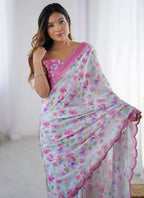 Vegaa Fashion Off White Chinon Silk Print Work With Mirror Work Border Designer Saree - Distacart