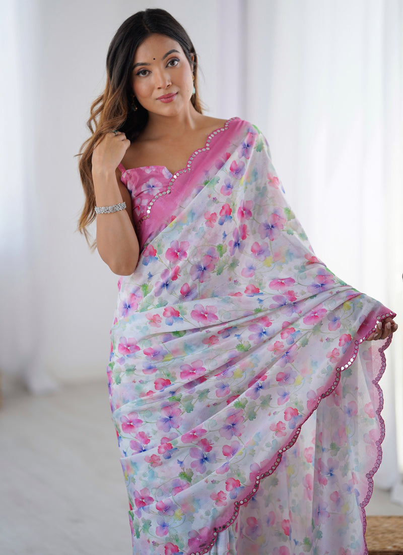 Vegaa Fashion Off White Chinon Silk Print Work With Mirror Work Border Designer Saree - Distacart