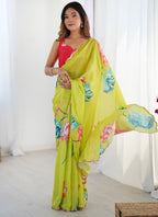 Vegaa Fashion Lemon Yellow Chinon Silk Print Work With Mirror Work Border Designer Saree - Distacart