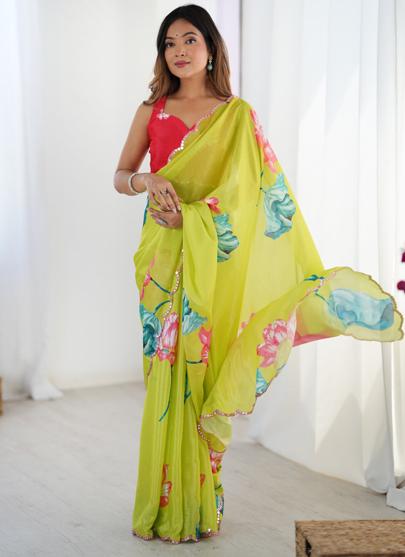 Vegaa Fashion Lemon Yellow Chinon Silk Print Work With Mirror Work Border Designer Saree - Distacart